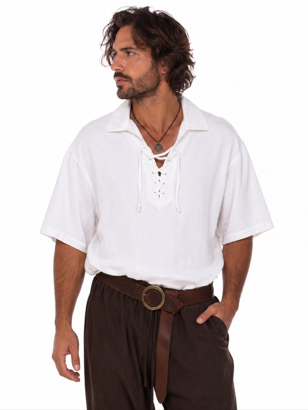 Monte Carlo Men's White Linen Blend Lace Up Pirate Renaissance Faire Large
